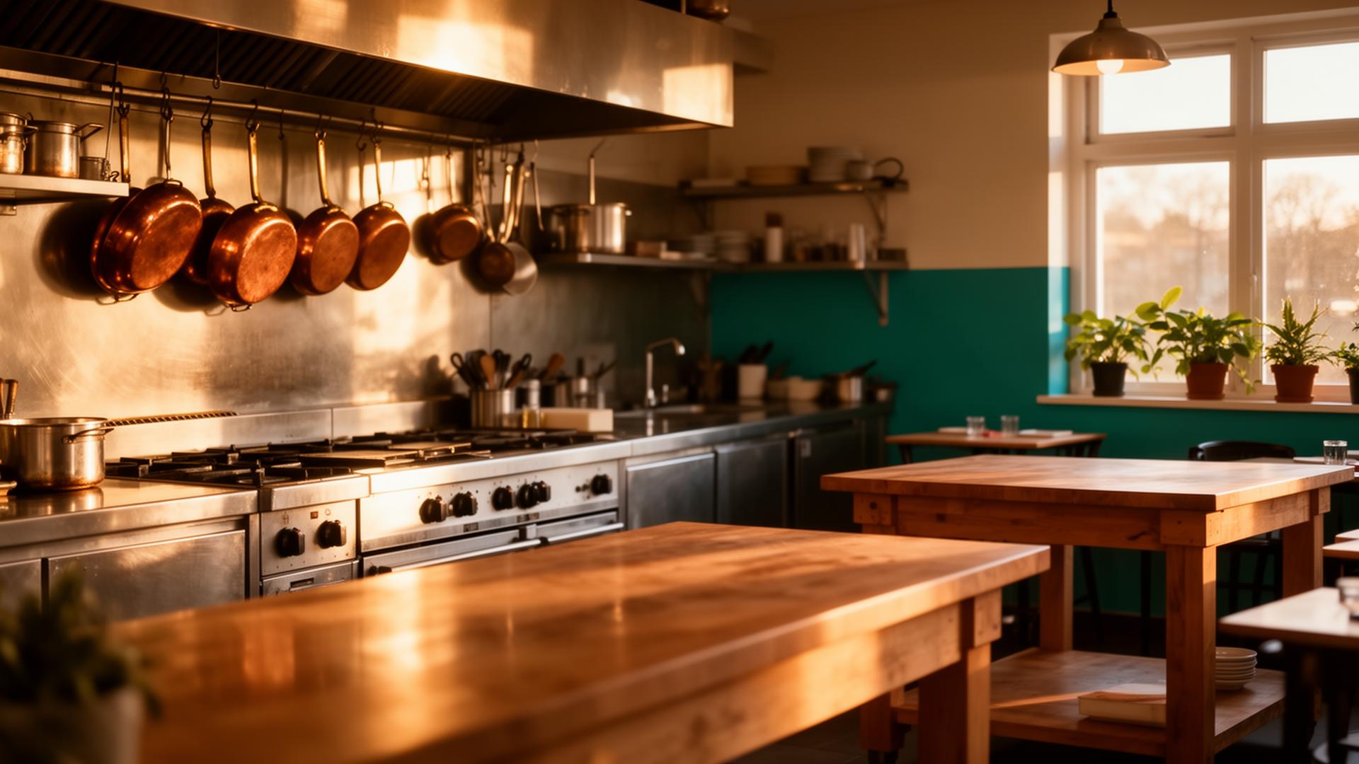 Sun-drenched professional restaurant kitchen at off-peak hours